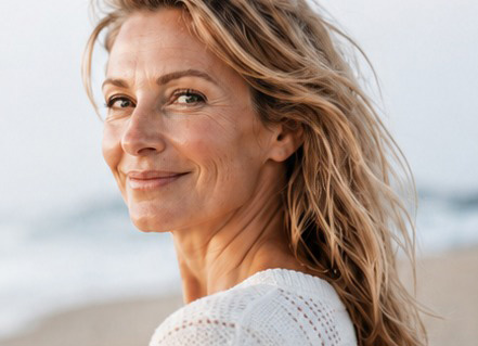 Woman smiling by the coast, representing natural-looking skincare confidence